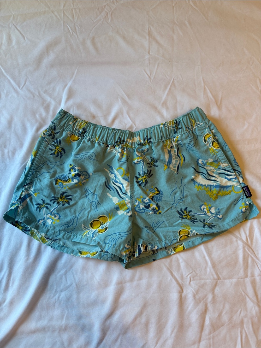 Patagonia-Light Aqua Tropical Palm Print Shorts- Women- Size Small